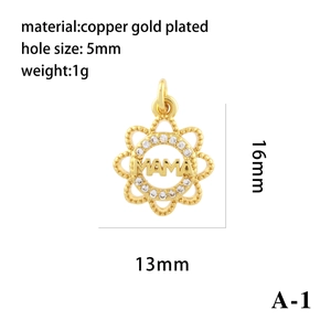 Macro shot of 16mm gold plated sun flower pendant with MAMA lettering and measurements