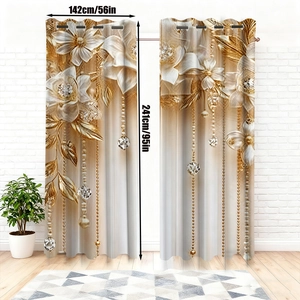 Detail showing 3D golden floral print and pearl strings on velvet blackout curtains