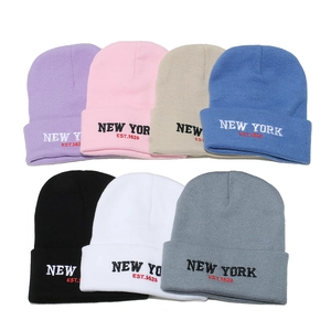 New York Letter Embroidery Beanie Knitted Hat Warm Winter Acrylic Cuffed Skull Cap Streetwear Retro Style For Adults