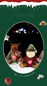 Detail of Christmas plush bags with santa and reindeer figures and heart window