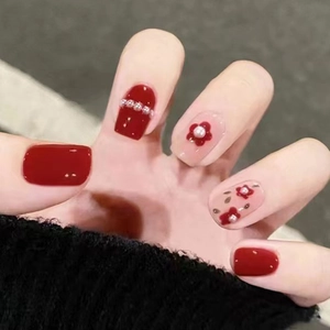 Red Pink 3D Flower Press On Nails With Faux Artificial Pearls Sweet Elegant Festive False Nails For Women Wedding Party Bridal