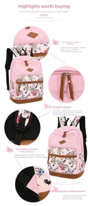 Detail view of pink floral canvas backpack showing reinforced straps and metal zippers