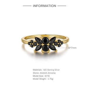 Detail of S925 sterling silver ring featuring marquise black zirconia floral design