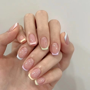 Square Round Short French Tip Press On Nails Glossy Summer Fresh Minimalist False Nails For Women