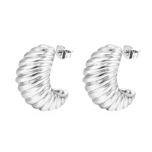 Silver twisted C-shape hoop earrings in stainless steel with a textured croissant design