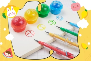 Creative multi-color stacking pencils with mushroom stamps and cute fruit patterns