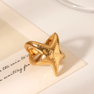 Macro detail of a golden starfish ring with 18K gold plating on a minimalist white card