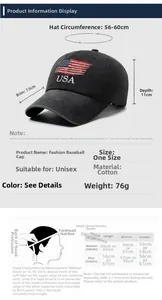 Detailed size chart and measurement guide for the USA embroidered baseball cap
