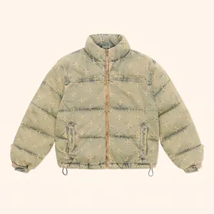 Short denim-style padded explorer jacket with faded cross patterns and high collar
