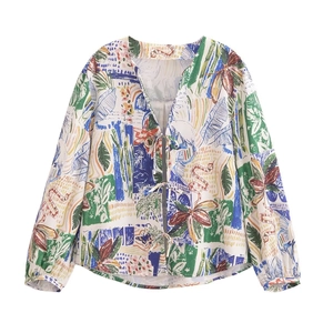 Women's V-neck long sleeve blouse with colorful abstract graffiti print and front ties