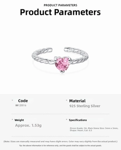 Detailed view of S925 silver ring featuring heart-shaped pink zircon and twisted band
