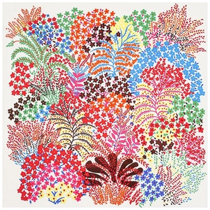 Vibrant 130cm square silk scarf with dense colorful floral and botanical print patterns