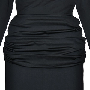 Detail of the waist ruching and stretchy fabric on a black long-sleeve bodycon dress