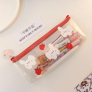 Clear glitter pencil case with cute cartoon prints and red zipper for students