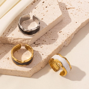 Irregular 304 stainless steel open rings with black and white enamel drip oil finish