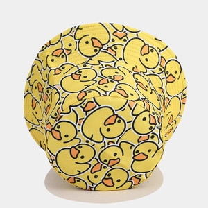 Yellow bucket hat for adults featuring all-over cartoon little duck print pattern