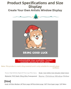 Detail of Christmas dog window stickers with UV printing specs and double-sided PVC sizes