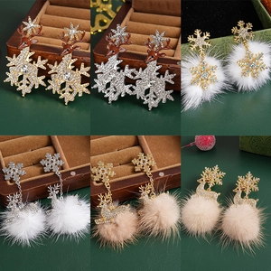 Christmas rhinestone reindeer and snowflake earrings with plush fur balls and silver needles