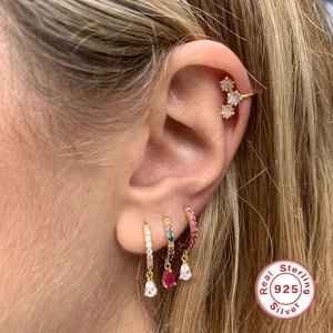 S925 Sterling Silver gold hoop earrings set with colorful teardrop zircon gems on model