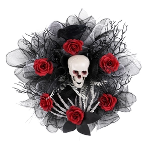 Halloween wreath with red roses, skulls, black mesh, and a crow on white background