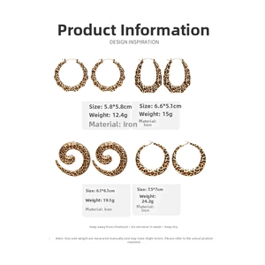 Detailed specs of geometric leopard print earrings in multiple shapes with iron material