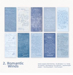 Detail of vintage blue scrapbooking paper set with handwritten letters and script designs