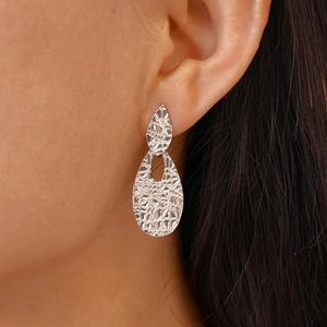 Textured Water Drop Dangle Earrings With Silver Earring Post Geometric Hollow Metallic Jewelry For Women Fashion Niche