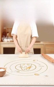 Close-up of food-grade silicone pastry mat with cat pattern and measurement scales