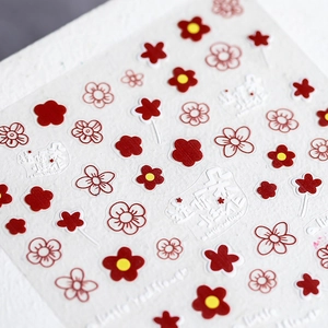 Self-adhesive 5D nail art stickers with red flower patterns and yellow stamens