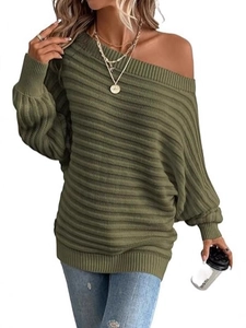 Olive green off-shoulder batwing sleeve knitted sweater with vertical textured ribbing