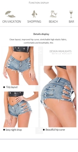 Dettagli degli hot pants in denim a vita bassa con frange, vista frontale, laterale e retro