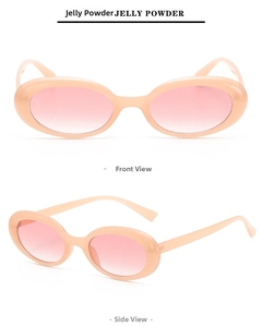 Front and side views of jelly pink oval sunglasses with vintage resin frames