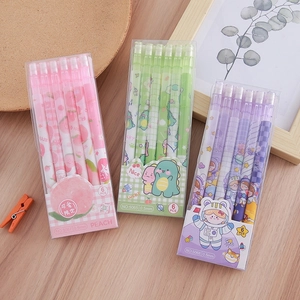 Set of 6 cute 0.5mm mechanical pencils in peach, dinosaur, and space themes on a desk