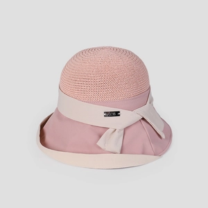 Women's Summer Spliced Straw Fabric Sun Hat Elegant Dome Sunshade Bucket Hat With Bow Breathable Foldable Wide Brim Beach Hat