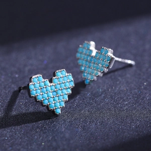 Retro pixelated heart stud earrings with turquoise micro-pave stones in s925 silver
