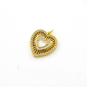 Gold-plated heart pendant with zircon inlay and white mother-of-pearl center on white background
