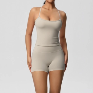 Close-up of seamless high-elastic fabric and stitching on this yoga top and shorts set