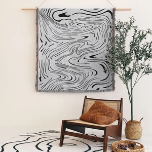Bohemian woven sofa throw blanket and round rug set with abstract marble swirl pattern