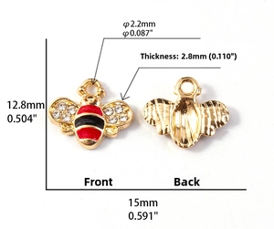 Detailed dimensions of crystal bee pendant showing front and back views with sizing