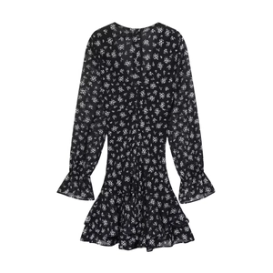 Zwarte bloemen mini-jurk met lange mouwen en gelaagde rok met ruches details