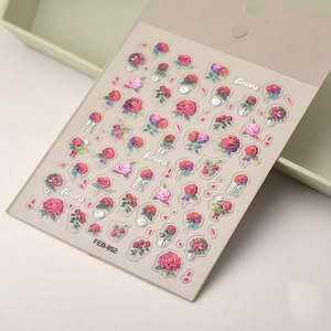 5D embossed nail art stickers featuring realistic vintage red rose floral bouquets
