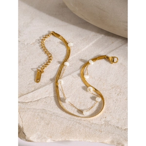 18K gold plated stainless steel snake chain anklet with white shell beads on stone