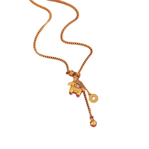 Golden horse pendant necklace with red bead and coin charms on white background