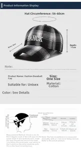 Size chart for plaid baseball cap with 56-60cm circumference and measurement guide
