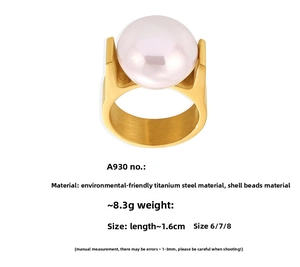 Detail of 18K gold plated titanium ring with large white shell pearl and 1.6cm dimensions