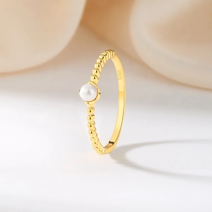 Minimalist S925 sterling silver beaded ring with white pearl and golden finish