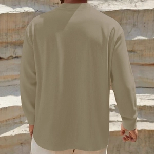 Men's khaki linen short sleeve shirt with stand collar in a casual summer loose fit