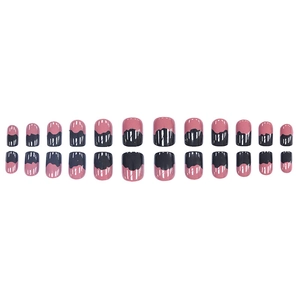 Short square press-on nails with wave pattern in dusty pink and dark grey