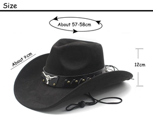 Detailed view of black western cowboy hat featuring metallic bull head and size annotations