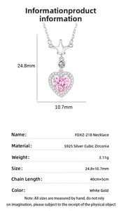 Detailed specs of S925 silver crown necklace with a large pink heart-shaped zircon